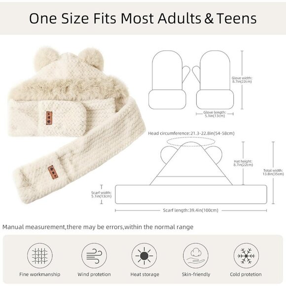 Women\'s Beige Hooded Scarf Cute Bear Ear Hat Faux Fur Gloves Set Soft main image 4